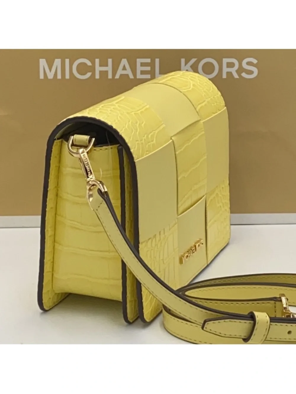 NWT Michael Kors Mercer Clutch Woven Mixed Texture Leather Crossbody Buttercup